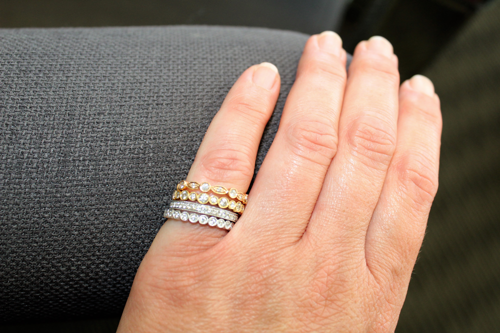 diamond stacking bands with rose, white and yellow gold