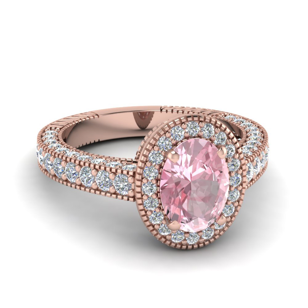 Antique Oval Shaped Morganite Diamond Colored Engagement ring in 14k rose gold