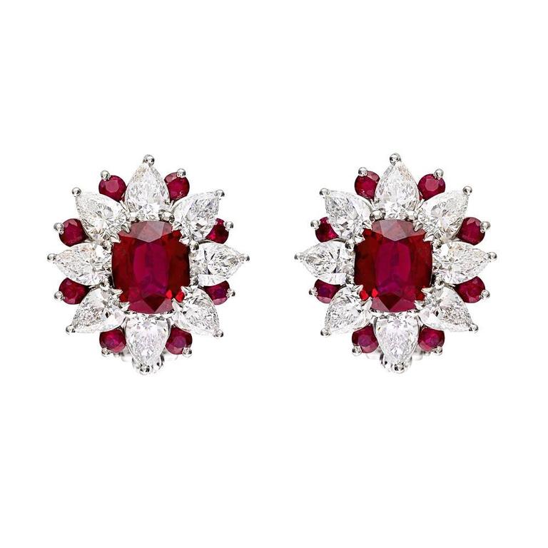 Ruby diamond cluster clip earrings