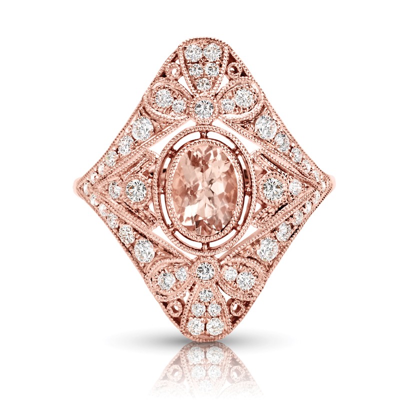 14 karat rose gold vintage look Morganite and diamond ring